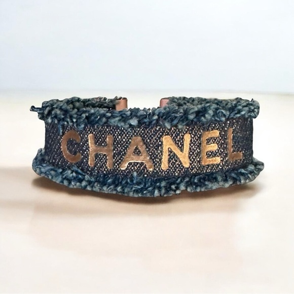 Authentic CHANEL Denim Blue & Rose Gold Cuff Bangle Bracelet - Picture 1 of 16